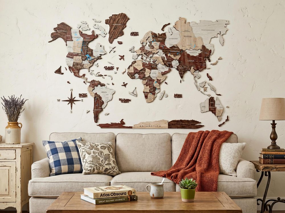 47" X 79" Brown And Beige World Map Hanging Dimensional Sculpture — view 1