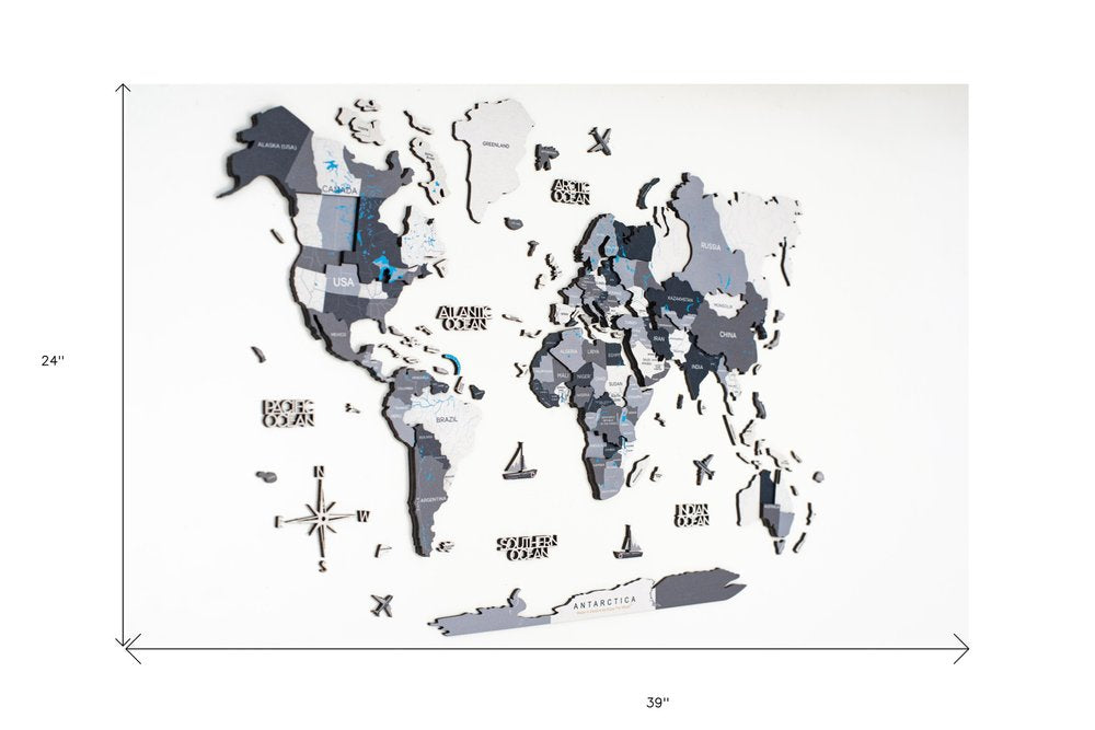 24" X 39" Black Gray and White Wood World Map Hanging Dimensional Sculpture — view 5