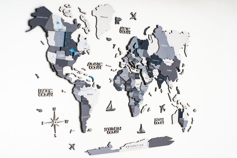 24" X 39" Black Gray and White Wood World Map Hanging Dimensional Sculpture — view 3