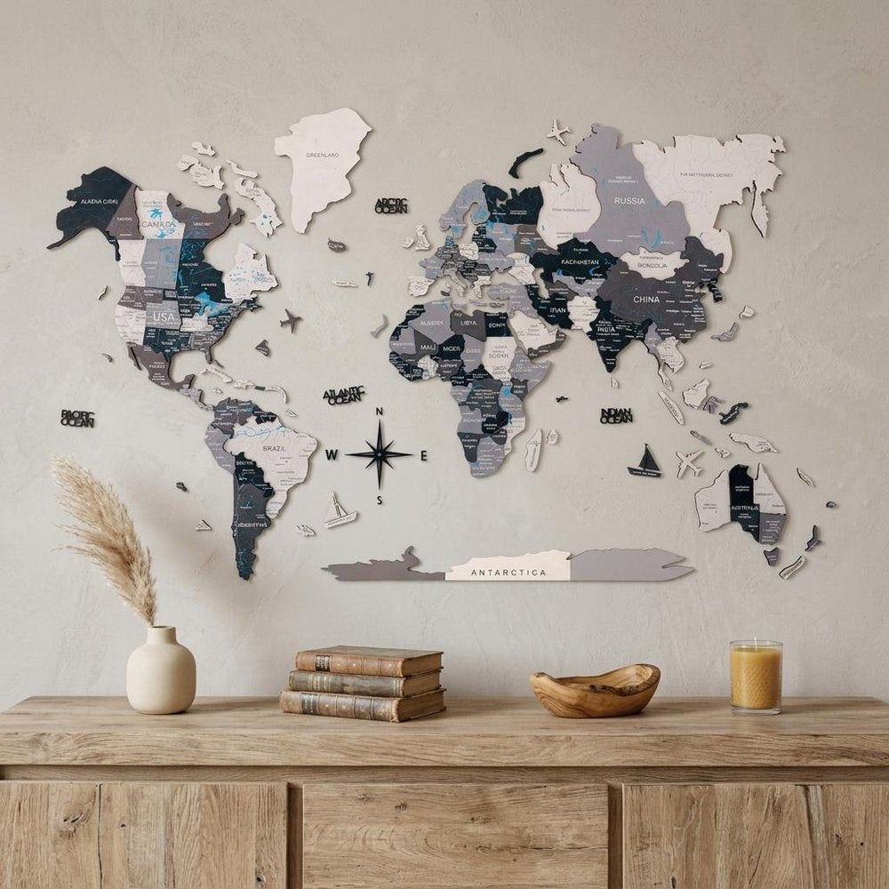 24" X 39" Black Gray and White Wood World Map Hanging Dimensional Sculpture — view 7