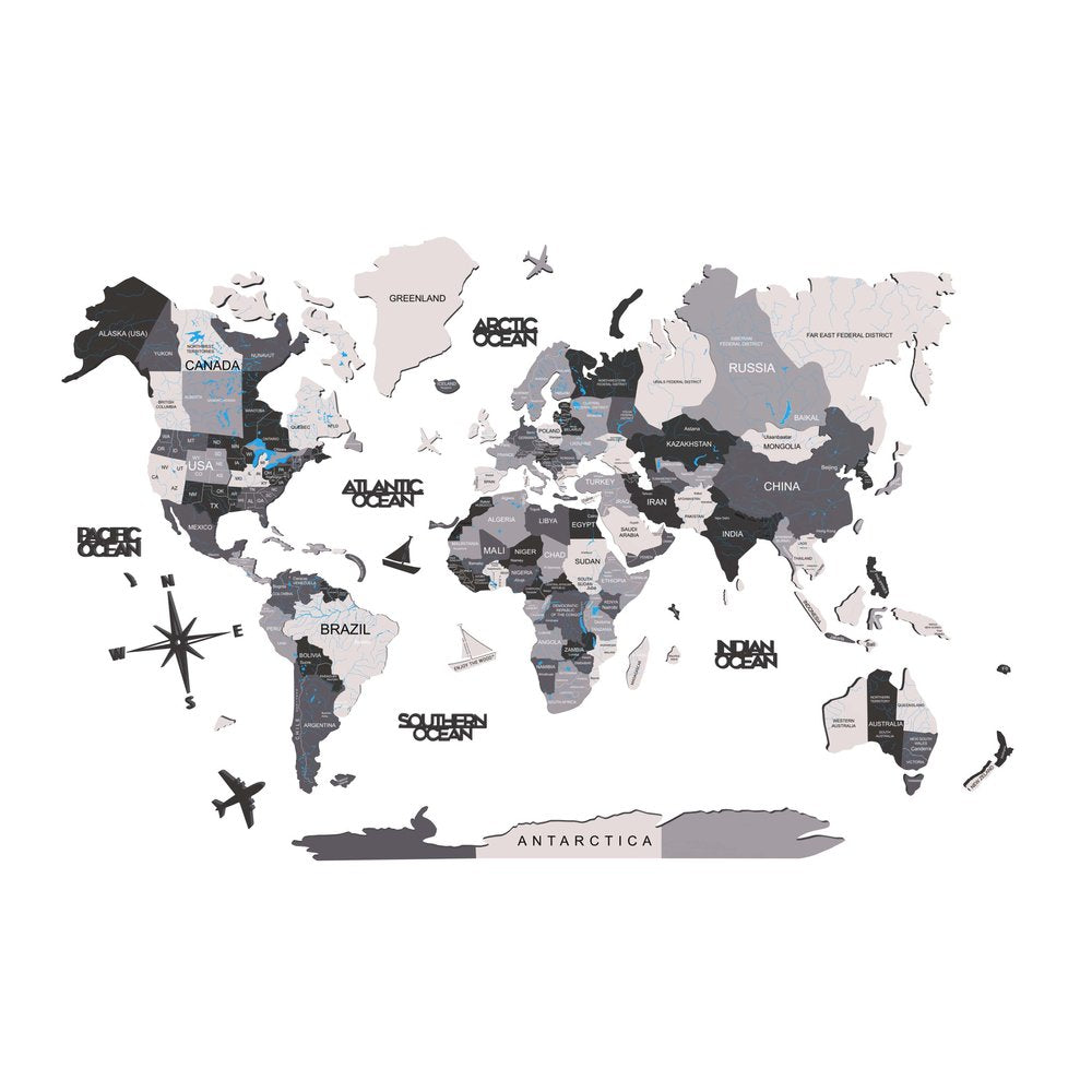 47" X 79" Black Gray And White World Map Wood Hanging Dimensional Sculpture — view 1