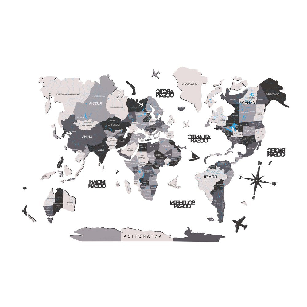 47" X 79" Black Gray And White World Map Wood Hanging Dimensional Sculpture — view 2