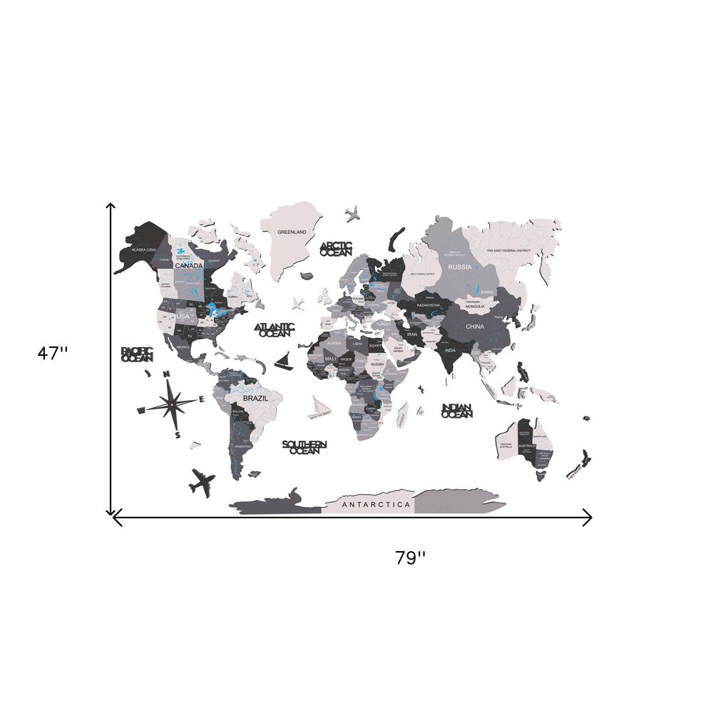 47" X 79" Black Gray And White World Map Wood Hanging Dimensional Sculpture — view 3