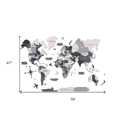 47" X 79" Black Gray And White World Map Wood Hanging Dimensional Sculpture