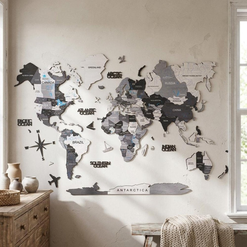 47" X 79" Black Gray And White World Map Wood Hanging Dimensional Sculpture — view 5