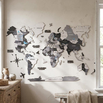 47" X 79" Black Gray And White World Map Wood Hanging Dimensional Sculpture