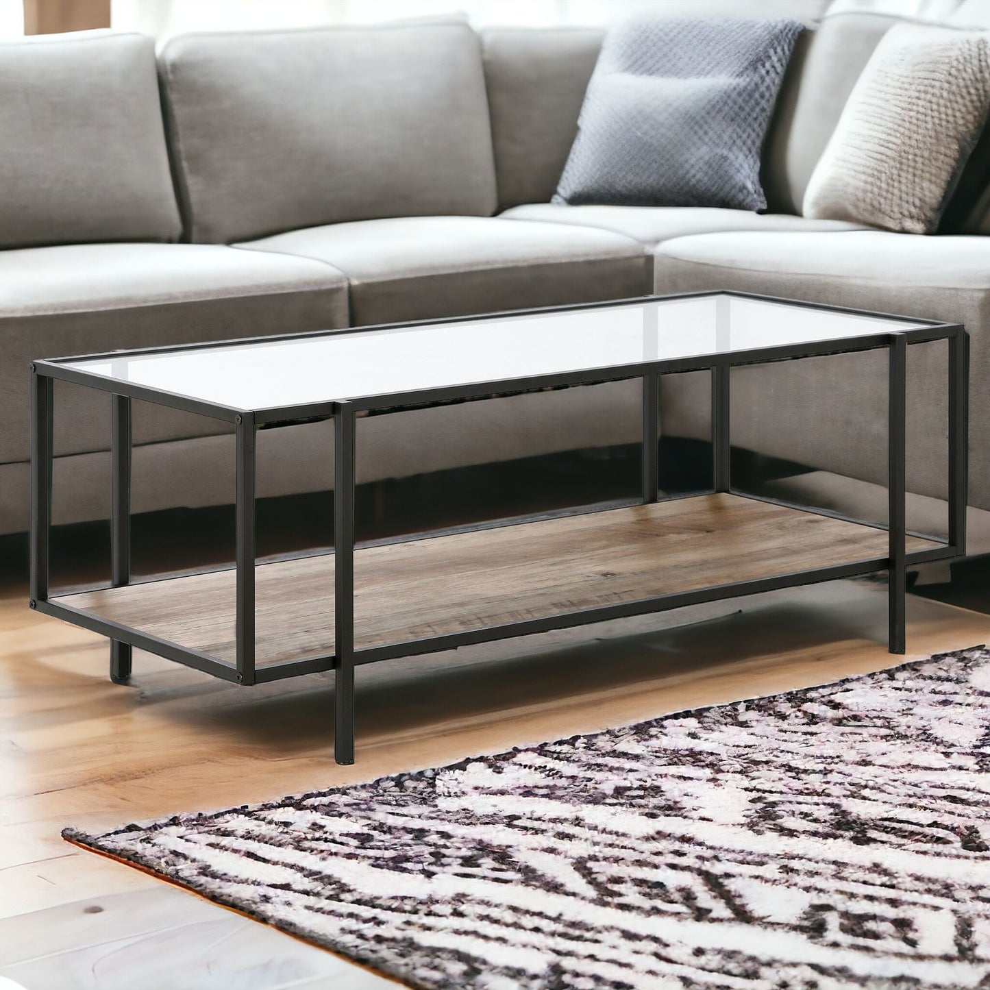 45" Gray And Black Glass And Steel Coffee Table With Shelf