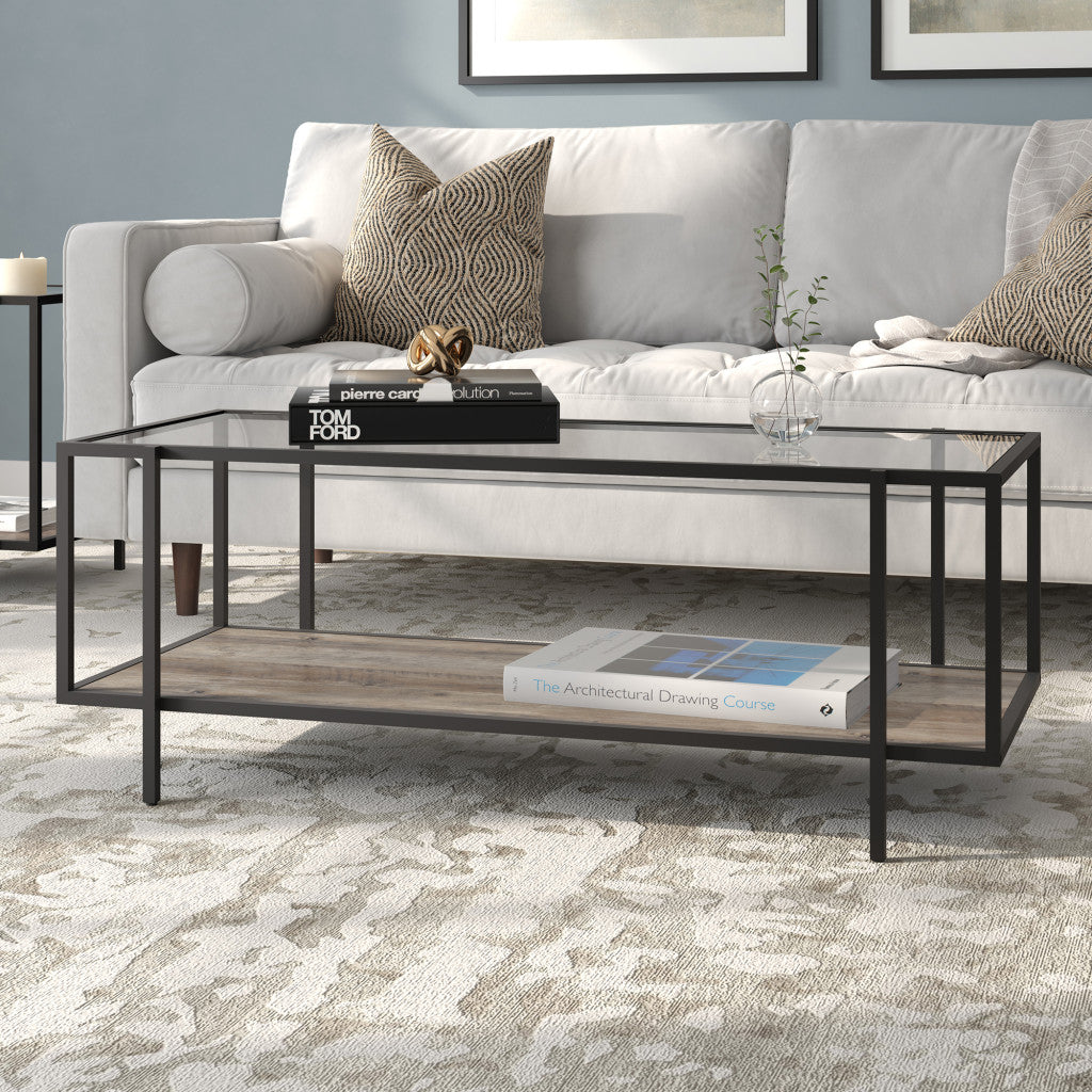 45" Gray And Black Glass And Steel Coffee Table With Shelf