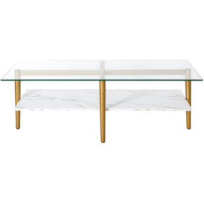 47" White And Gold Glass And Steel Coffee Table With Shelf