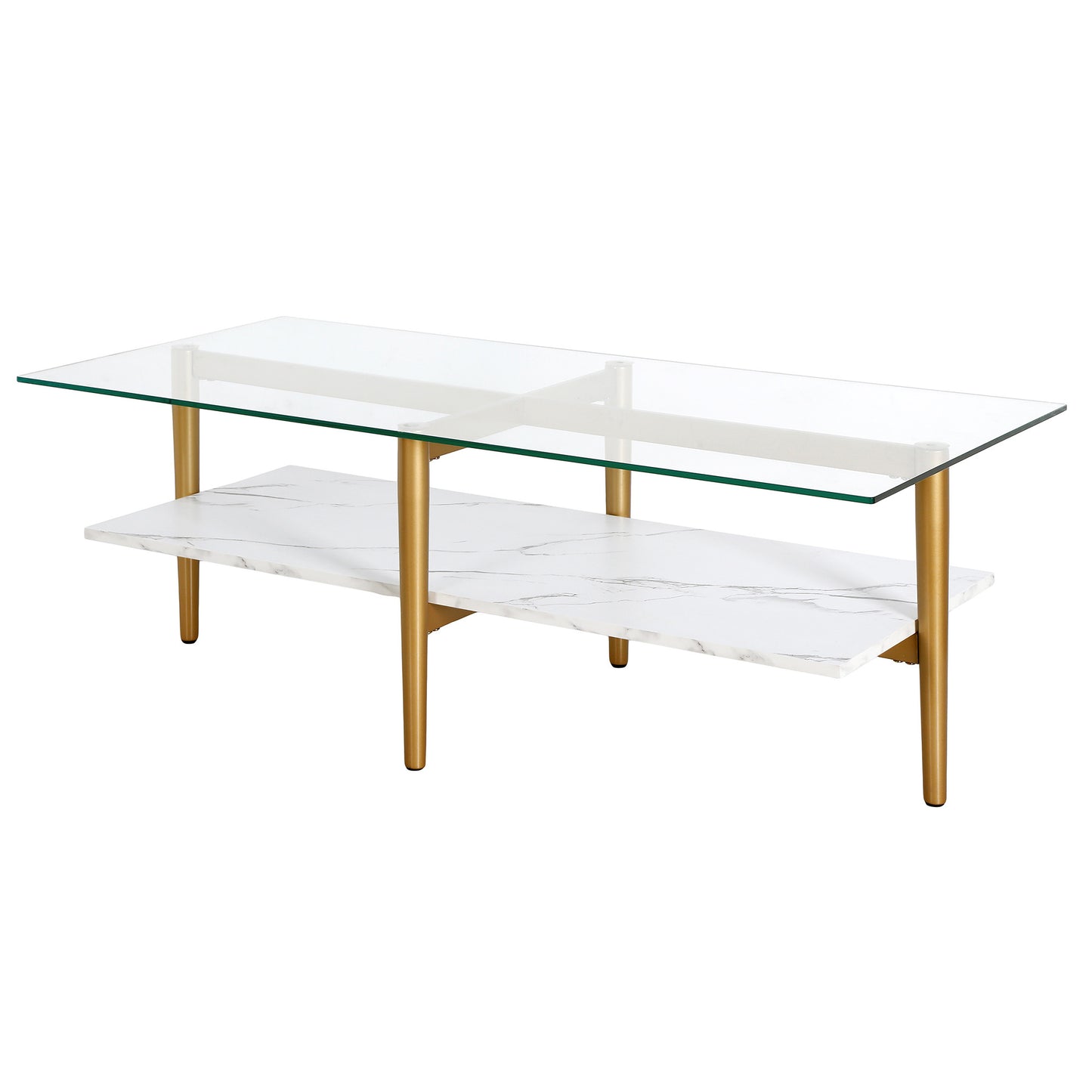 47" White And Gold Glass And Steel Coffee Table With Shelf