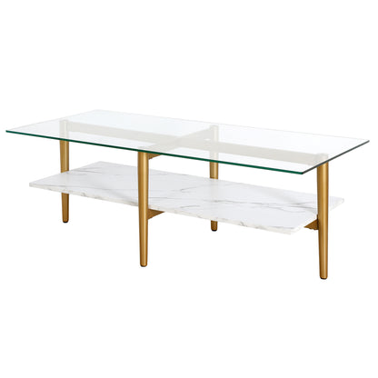 47" White And Gold Glass And Steel Coffee Table With Shelf