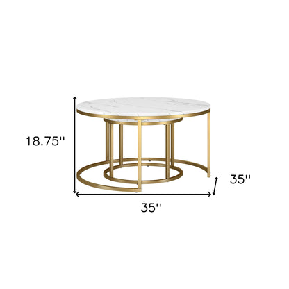 Set of Two 35" White And Gold Faux Marble And Steel Round Nested Coffee Tables