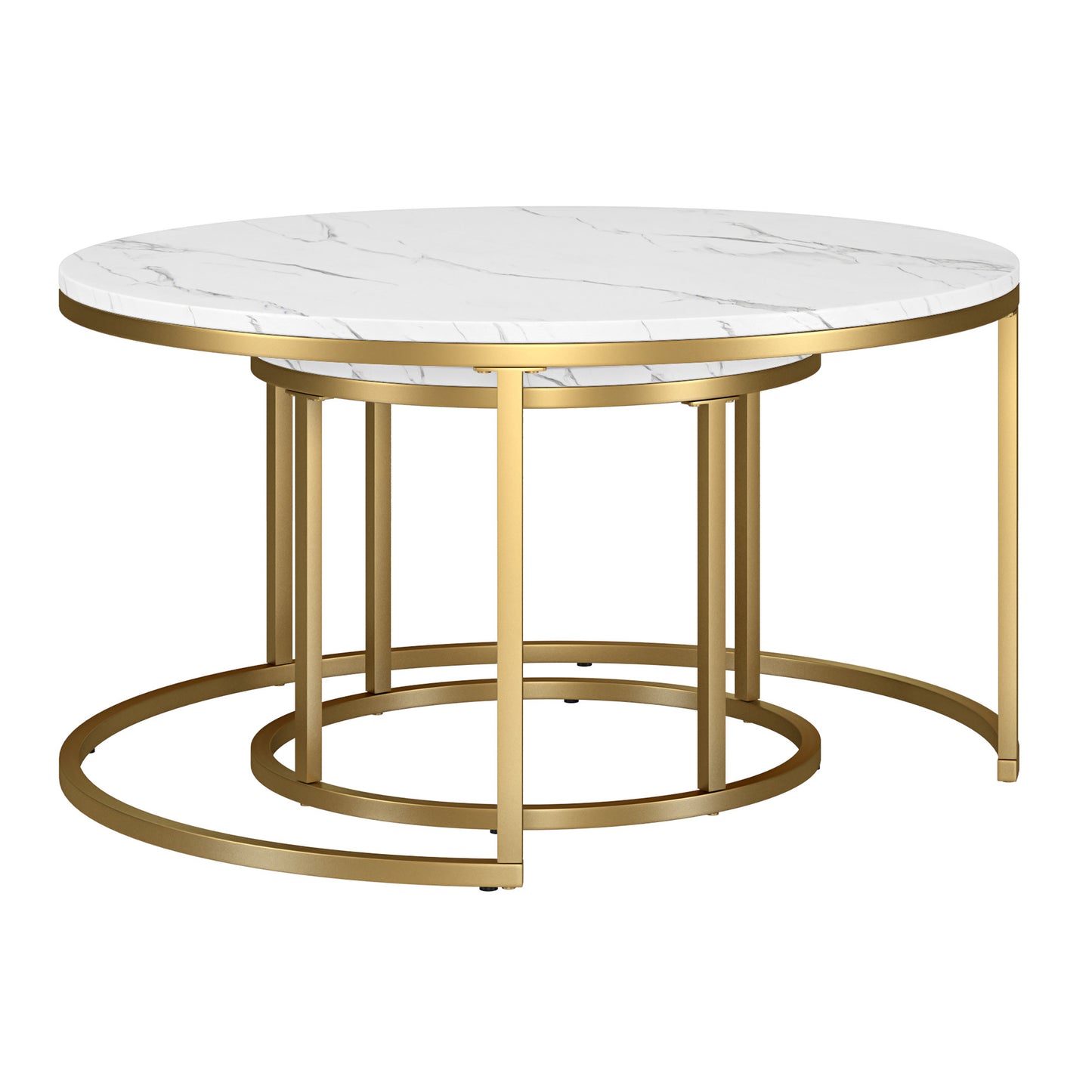 Set of Two 35" White And Gold Faux Marble And Steel Round Nested Coffee Tables