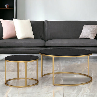 Set of Two 35" Black And Gold Steel Round Nested Coffee Tables - FurniFindUSA