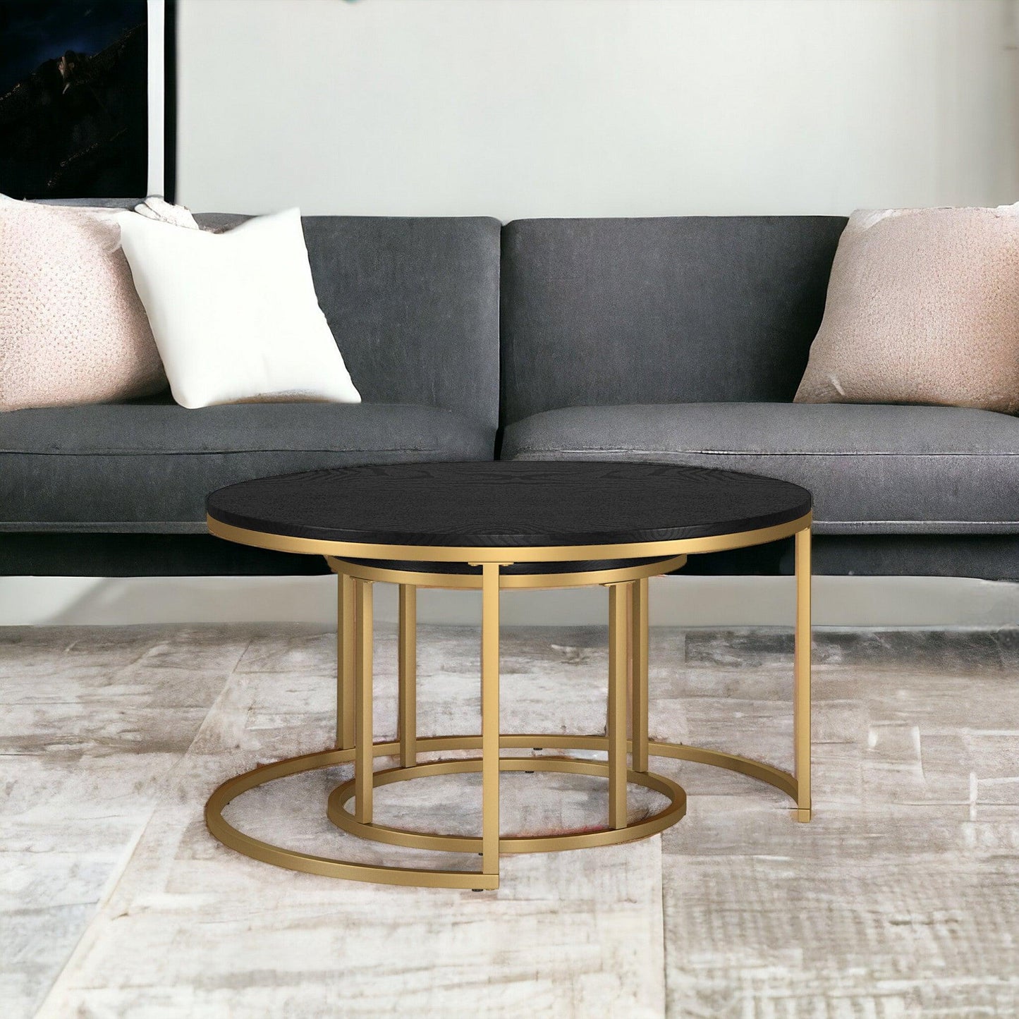 Set of Two 35" Black And Gold Steel Round Nested Coffee Tables - FurniFindUSA