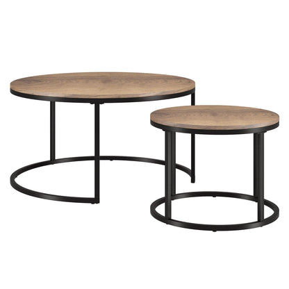 Set of Two 35" Brown And Black Steel Round Nested Coffee Tables - FurniFindUSA
