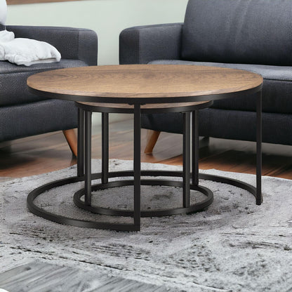 Set of Two 35" Brown And Black Steel Round Nested Coffee Tables - FurniFindUSA