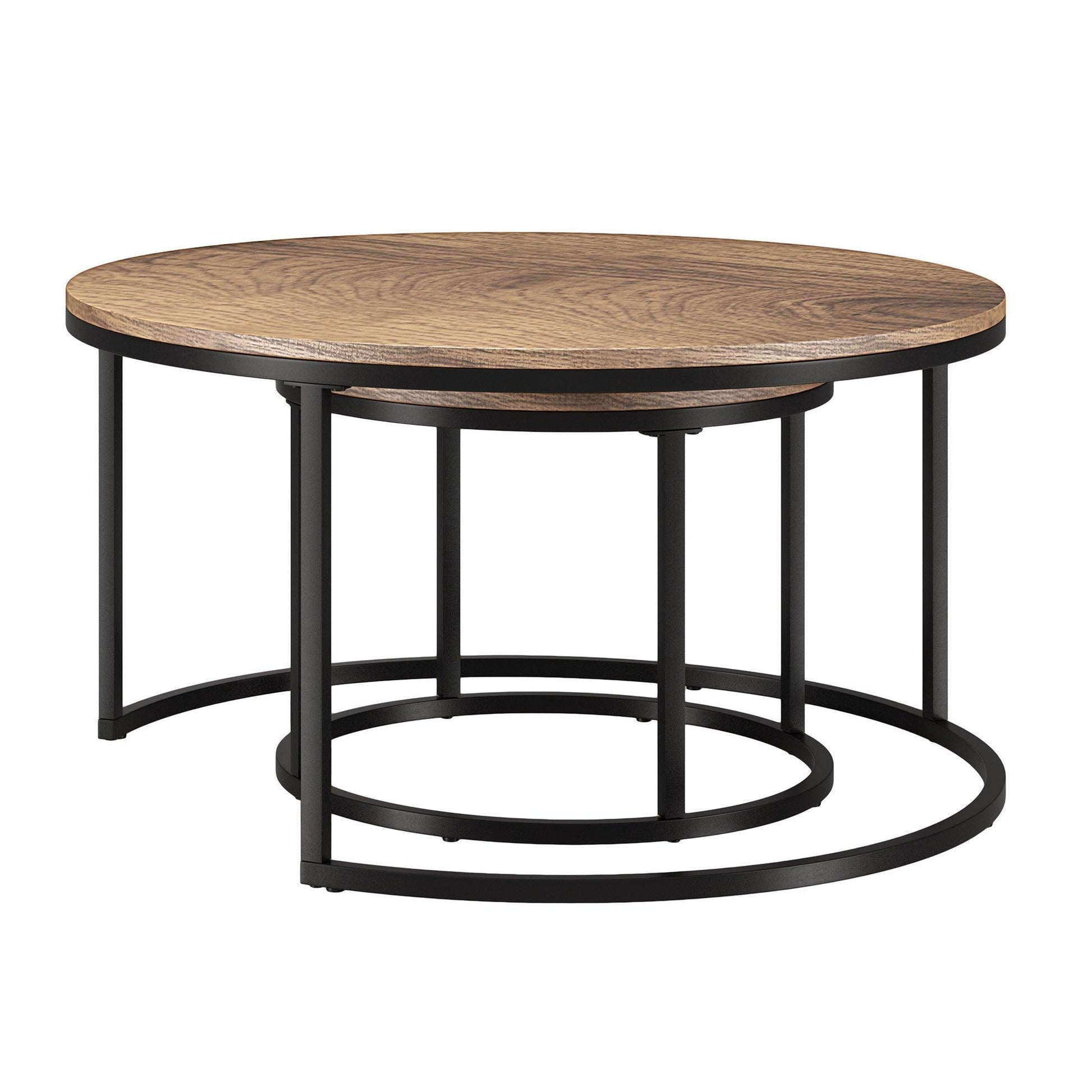 Set of Two 35" Brown And Black Steel Round Nested Coffee Tables - FurniFindUSA