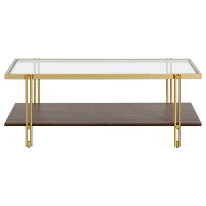 45" Brown And Gold Glass And Steel Coffee Table With Shelf