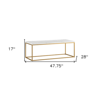 48" White And Gold Faux Marble And Steel Coffee Table