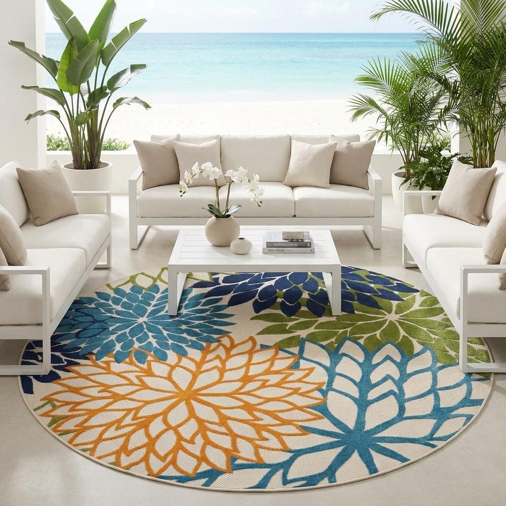 10' Blue And Green Round Indoor Outdoor Area Rug — view 10