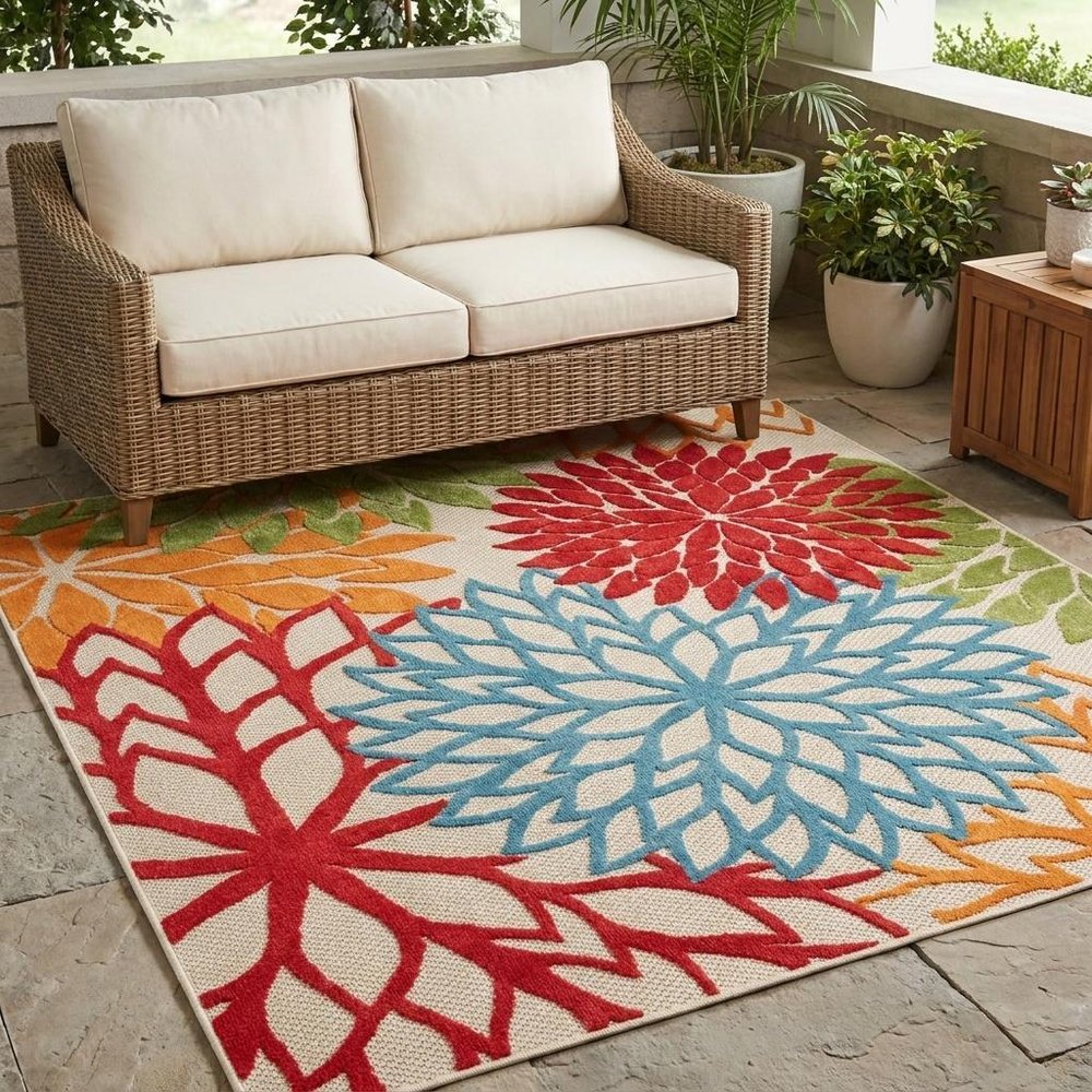 5' Green Orange and Red Indoor Outdoor Area Rug — view 11