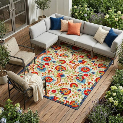 10' X 14' Ivory Blue And Orange Indoor Outdoor Area Rug HomeRoots