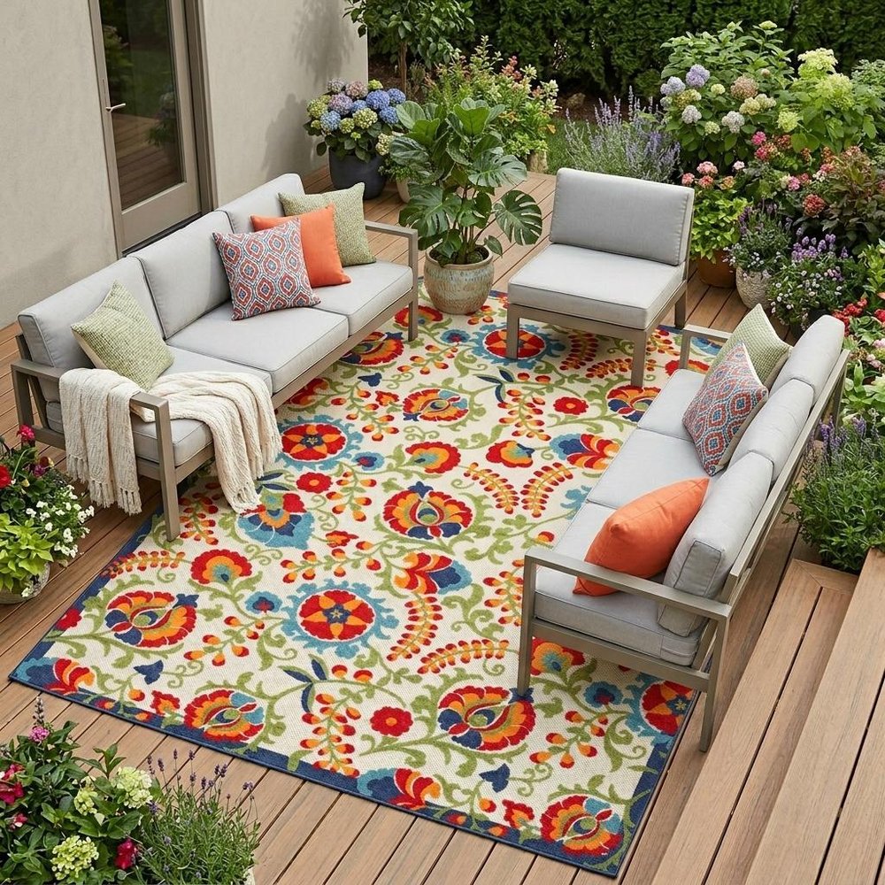 12' X 15' Ivory Blue And Orange Indoor Outdoor Area Rug HomeRoots