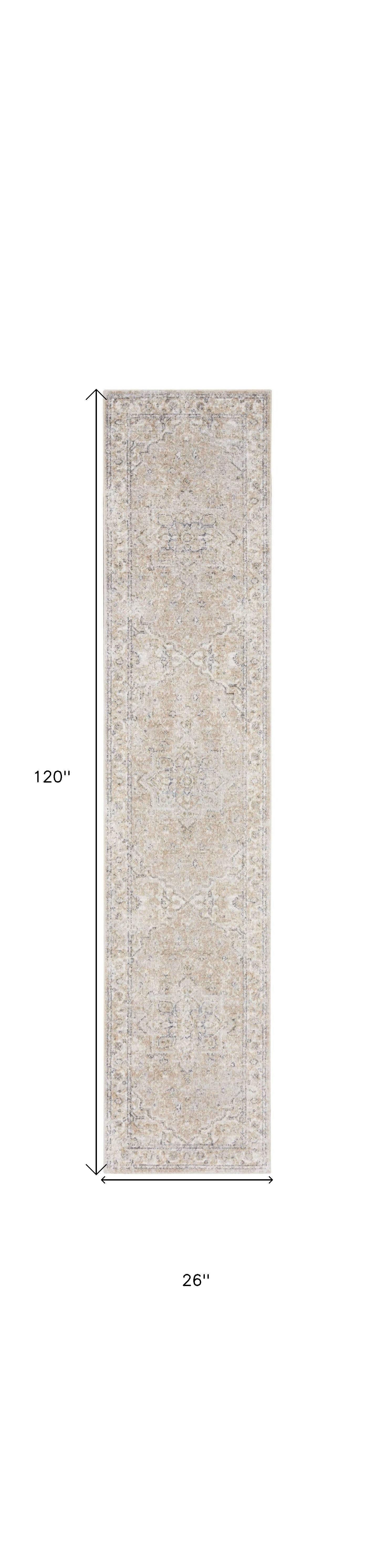 10' Beige Oriental Power Loom Washable Runner Rug - 26.0" (L) x 120.0" (W) x 0.28" (H)