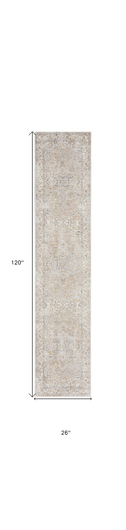 10' Beige Oriental Power Loom Washable Runner Rug - 26.0" (L) x 120.0" (W) x 0.28" (H)