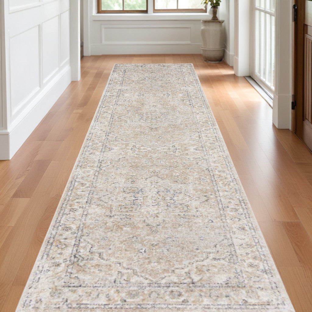 10' Beige Oriental Power Loom Washable Runner Rug - 26.0" (L) x 120.0" (W) x 0.28" (H)