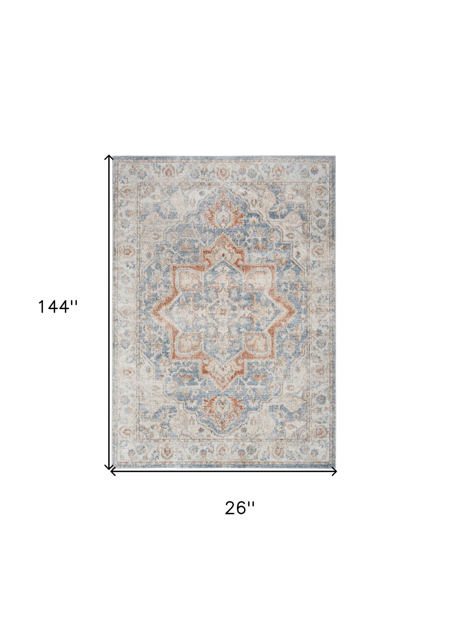 12' Denim Blue Oriental Power Loom Washable Runner Rug - 24.0" (L) x 48.0" (W) x 0.5" (H)