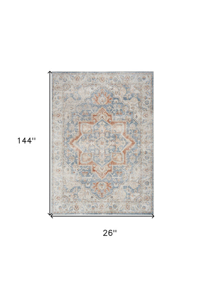 12' Denim Blue Oriental Power Loom Washable Runner Rug - 24.0" (L) x 48.0" (W) x 0.5" (H)