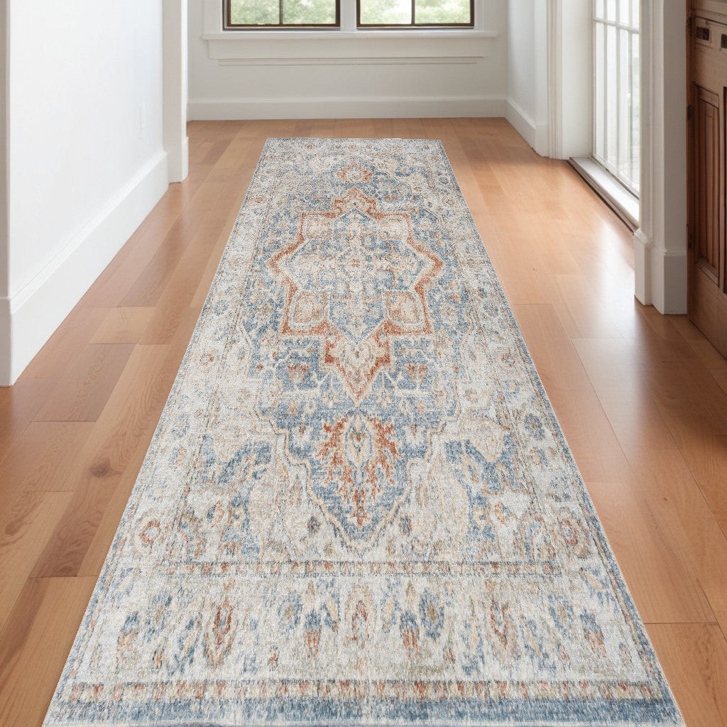 12' Denim Blue Oriental Power Loom Washable Runner Rug - 24.0" (L) x 48.0" (W) x 0.5" (H)