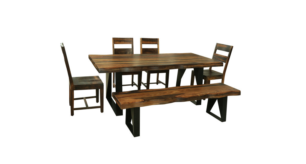 80" Dark Brown And Black Solid Wood And Metal Sled Base Dining Table