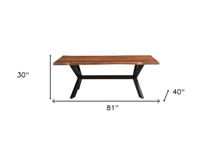 81" Brown And Black Solid Wood And Metal Trestle Base Dining Table