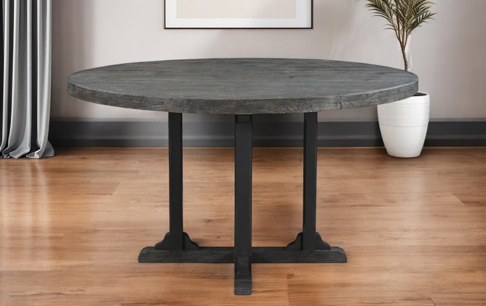 54" Black Rounded Solid Wood Pedestal Base Dining Table HomeRoots