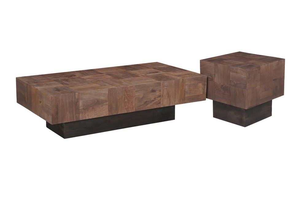 59" Dark Brown and Black Solid Wood Block Coffee Table HomeRoots