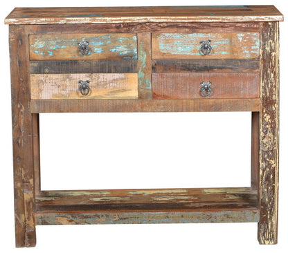 42" Brown Solid Wood Distressed Floor Shelf Console Table With Shelves And Drawers - FurniFindUSA