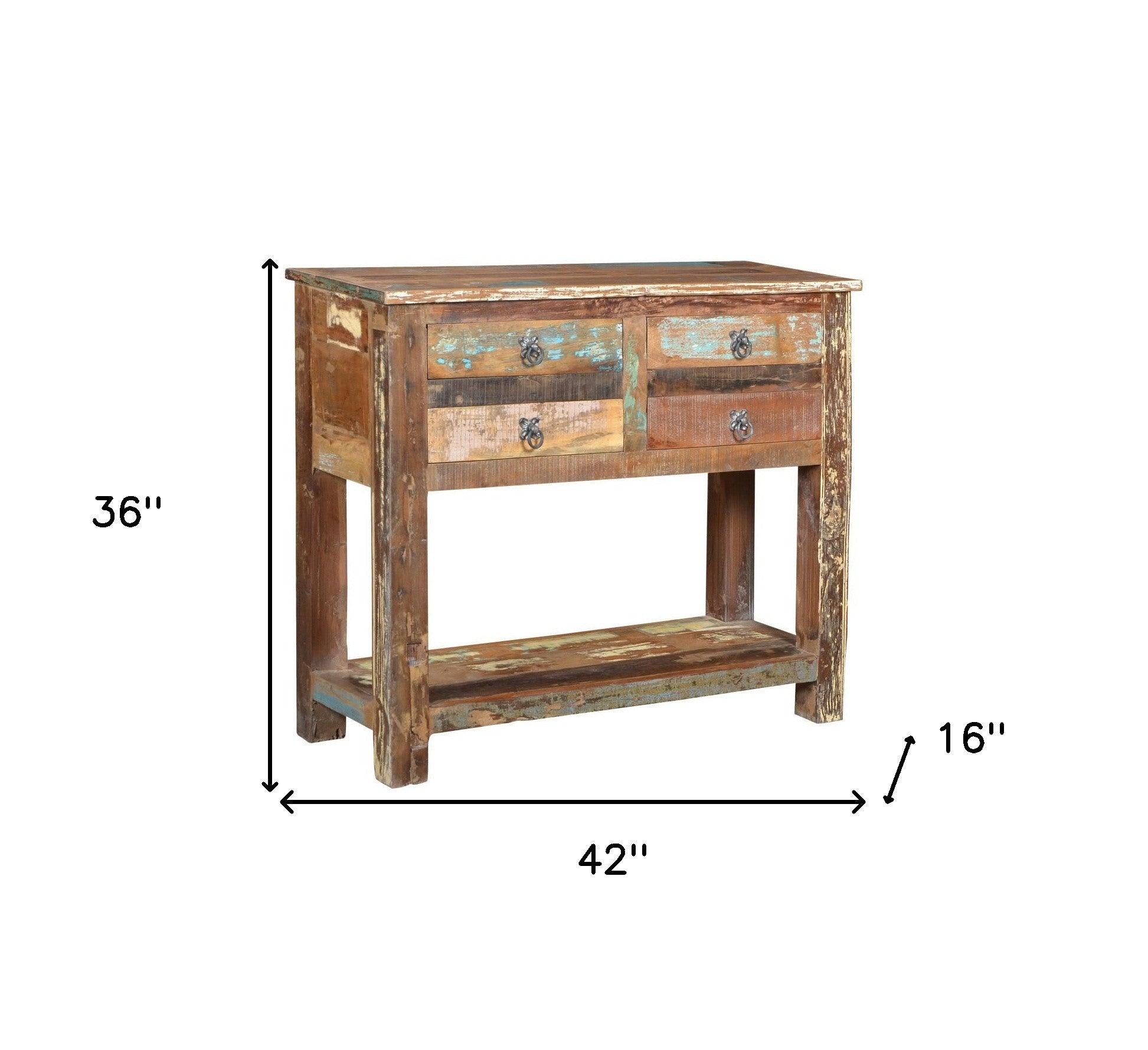 42" Brown Solid Wood Distressed Floor Shelf Console Table With Shelves And Drawers - FurniFindUSA