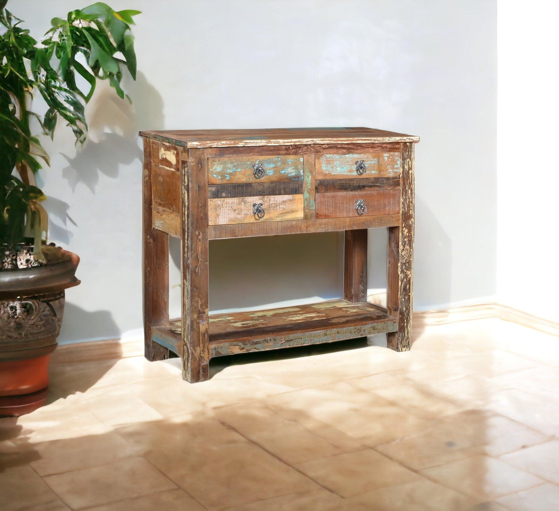 42" Brown Solid Wood Distressed Floor Shelf Console Table With Shelves And Drawers - FurniFindUSA