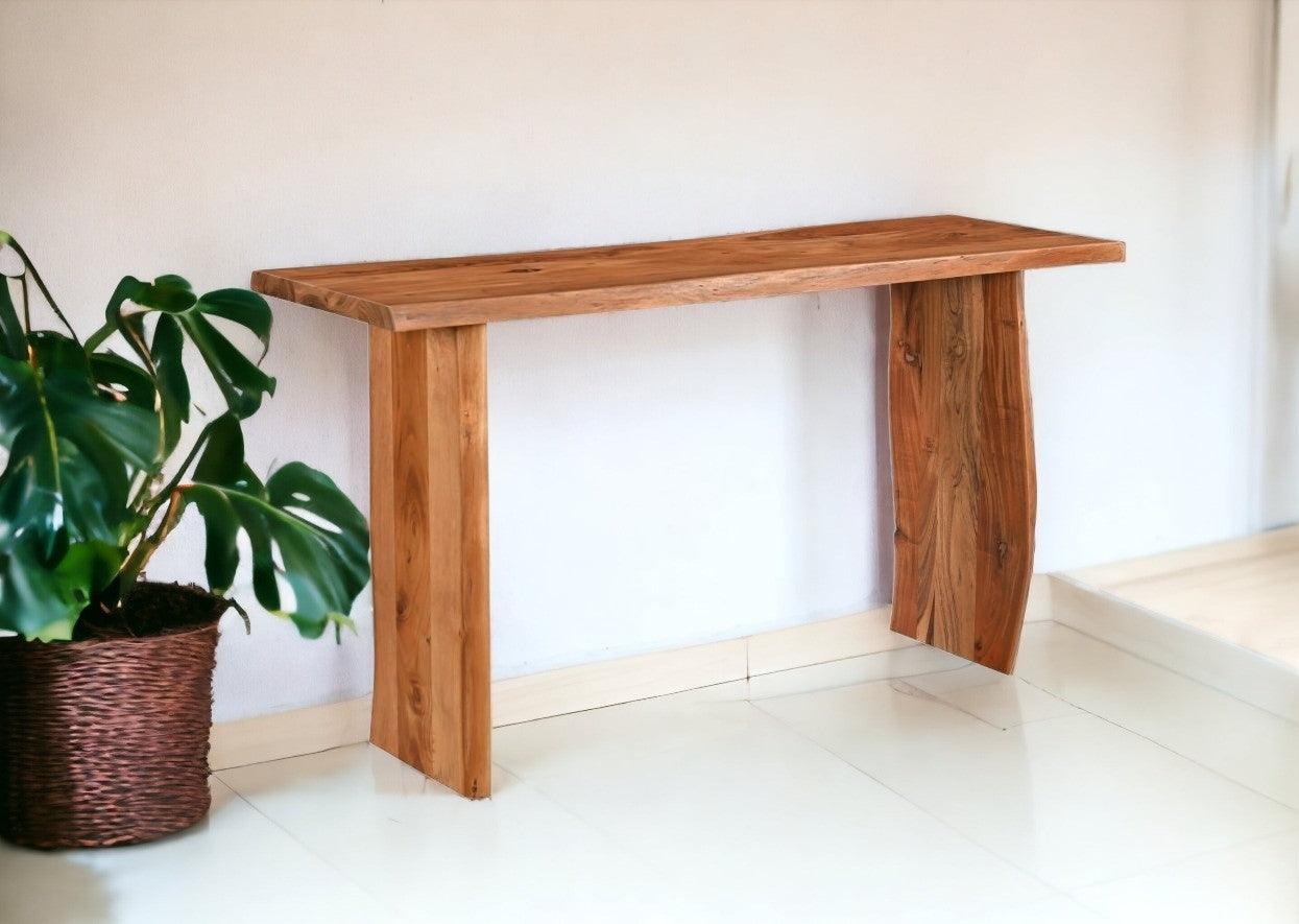 57" Chestnut Solid Wood Sled Console Table - FurniFindUSA