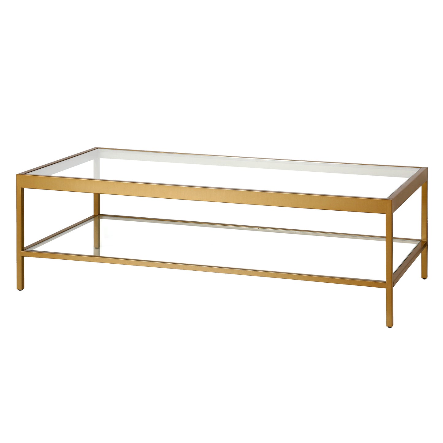 54" Clear And Gold Glass And Steel Coffee Table With Shelf