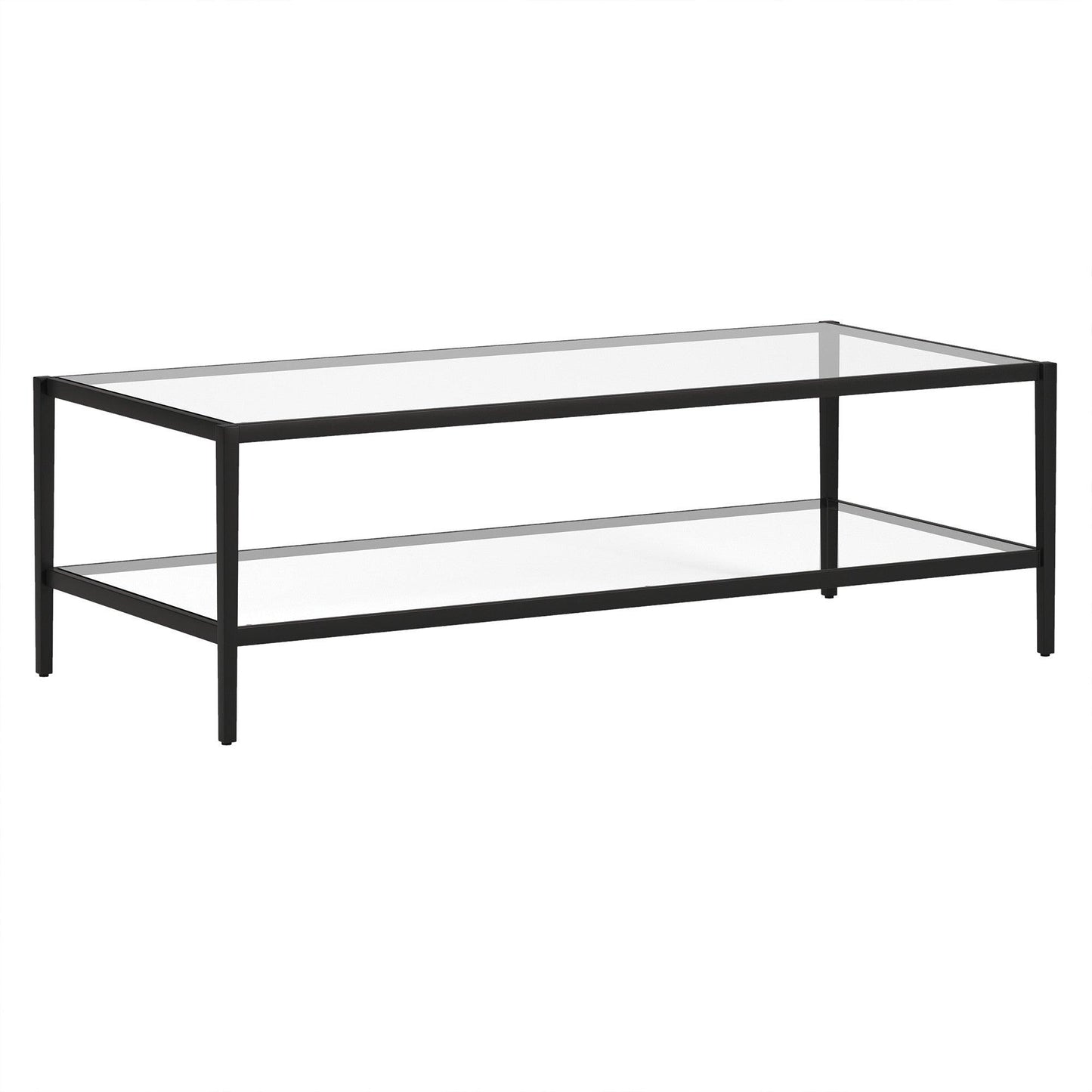 54" Black Glass And Steel Coffee Table With Shelf - FurniFindUSA