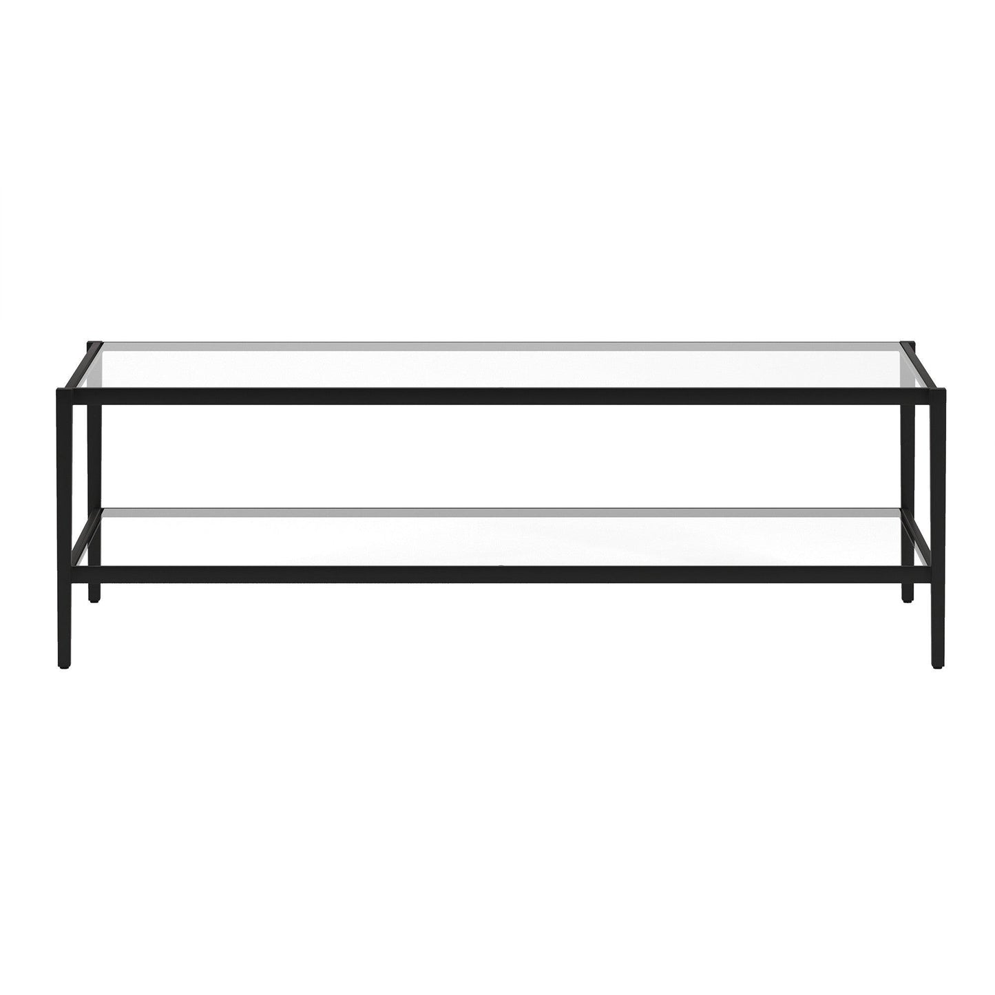 54" Black Glass And Steel Coffee Table With Shelf - FurniFindUSA