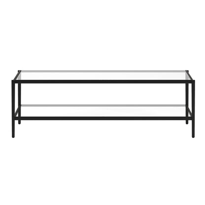 54" Black Glass And Steel Coffee Table With Shelf - FurniFindUSA