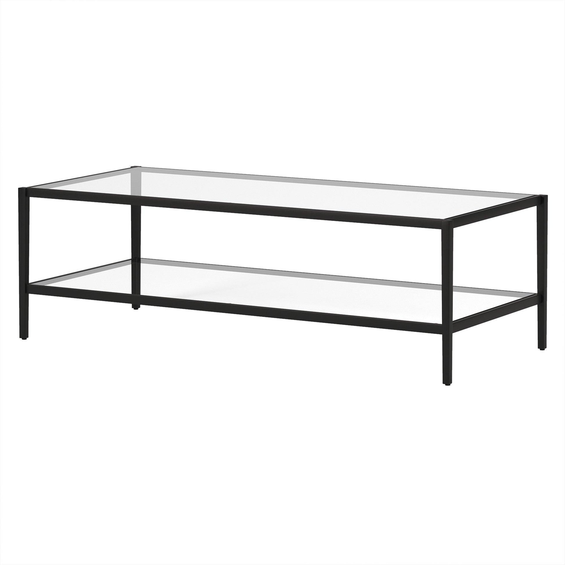 54" Black Glass And Steel Coffee Table With Shelf - FurniFindUSA