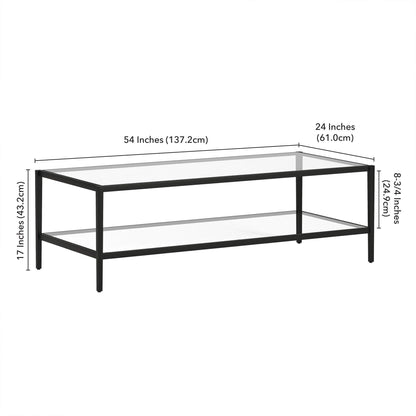 54" Black Glass And Steel Coffee Table With Shelf - FurniFindUSA