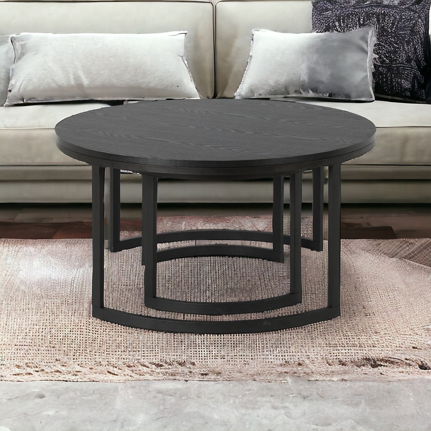 Set of Two 36" Black Steel Round Nested Coffee Tables