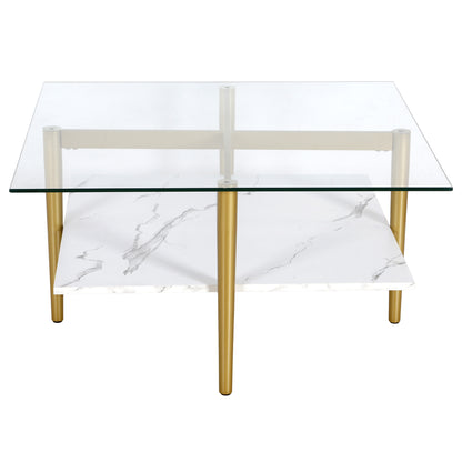 32" White And Gold Glass And Steel Square Coffee Table With Shelf